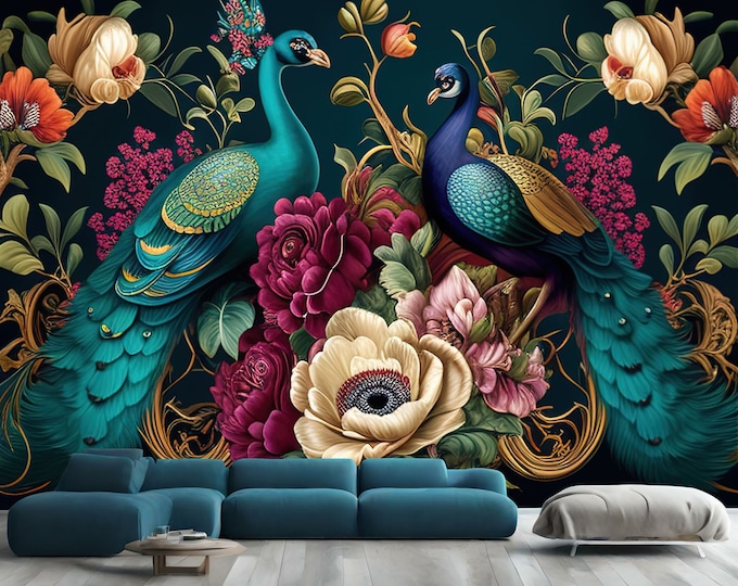 3D Abstract Peacocks and flowers Art Print Photomural Wallpaper Mural Easy-Install Removeable Peel and Stick Premium Large Photo Wall Decal