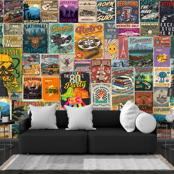 Retro Poster Wallpaper Pop Art Vintage Mural Collage Easy-Install Wall Mural Wallpaper Retro Peel and Stick Vintage Modern Art Mural