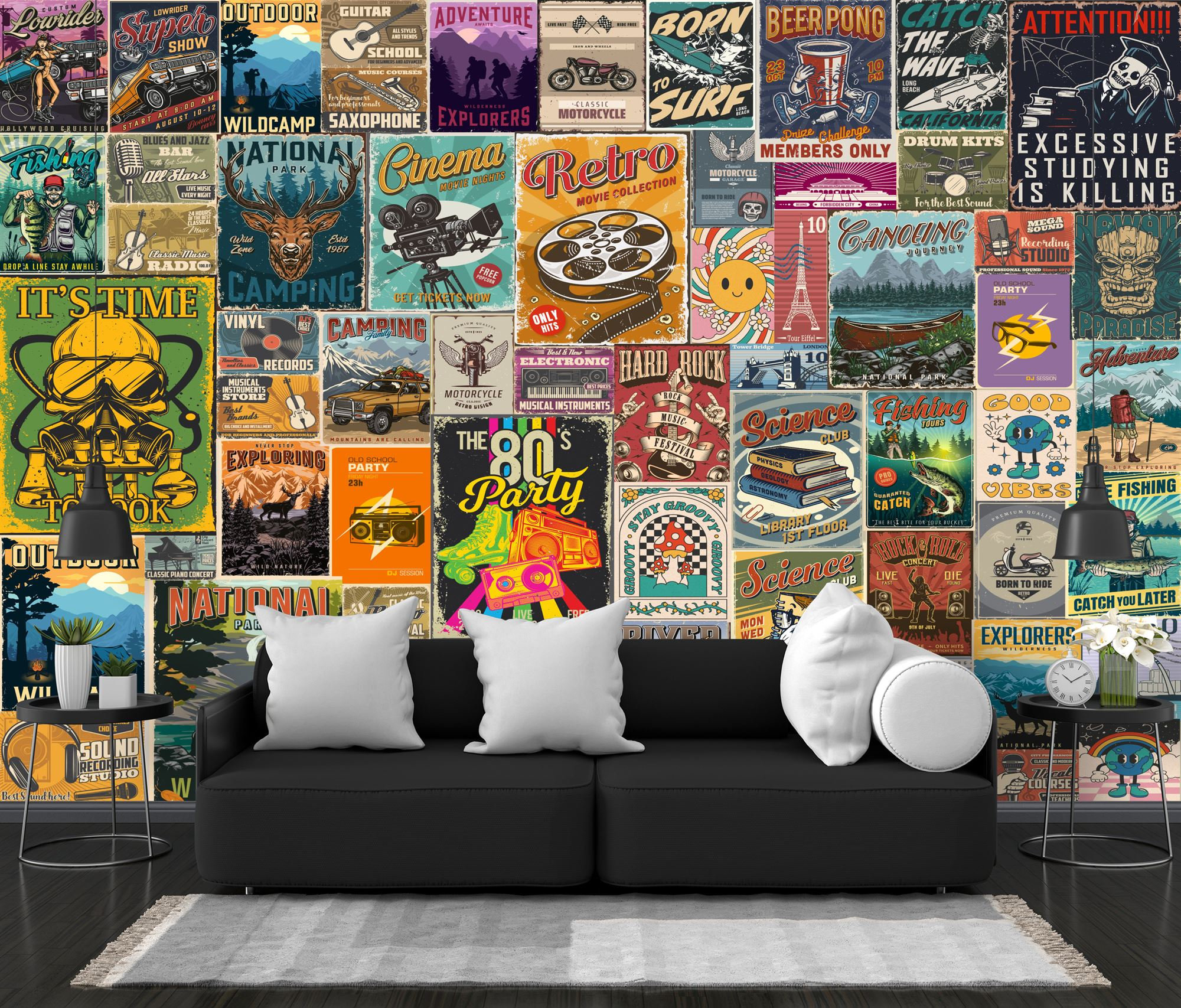 Retro Poster Wallpaper Pop Art Vintage Mural Collage Easy-Install Wall Mural Wallpaper Retro Peel and Stick Vintage Modern Art Mural