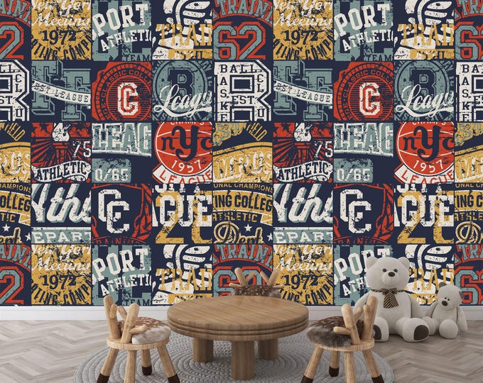 College Athletic Sporting Badges Patchwork Art Print Photomural Wallpaper Mural Easy-Install Removeable Peel and Stick Photo Wall Decal