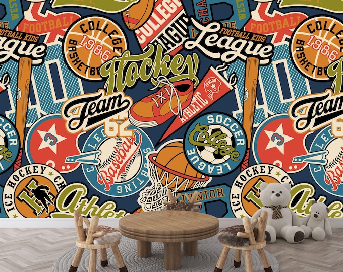 College Athletic Sporting Badges Patchwork Art Print Photomural Wallpaper Mural Easy-Install Removeable Peel and Stick Photo Wall Decal