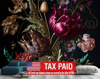Baroque Peony Wallpaper Mural, Rich Deep Colors, Easy-Install Peel and Stick