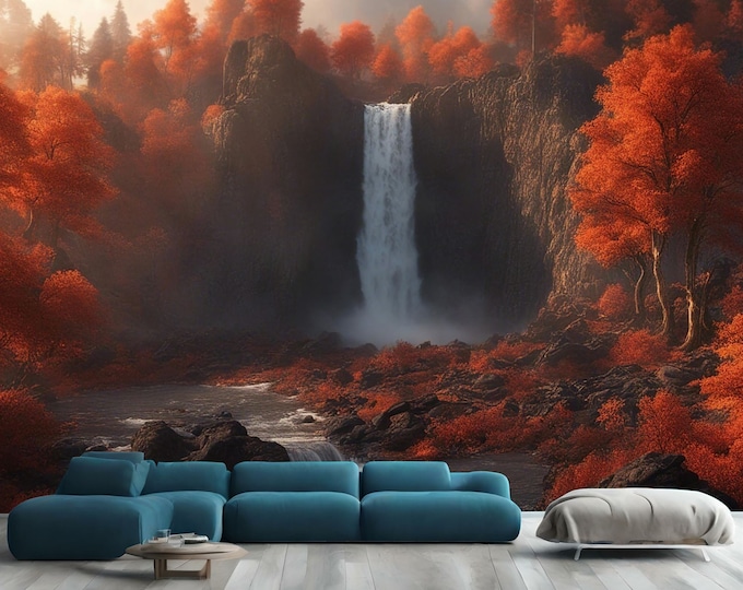Landscape with Trees Waterfall Clear Sky Gift, Art Print Photomural Wallpaper Mural Easy-Install Removeable Peel and Stick Large Decal Art