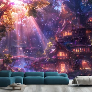 Cadeau magique du chalet de la forêt enchantée au crépuscule, impression d'art photo mural papier peint mural autocollant amovible facile à installer grand autocollant
