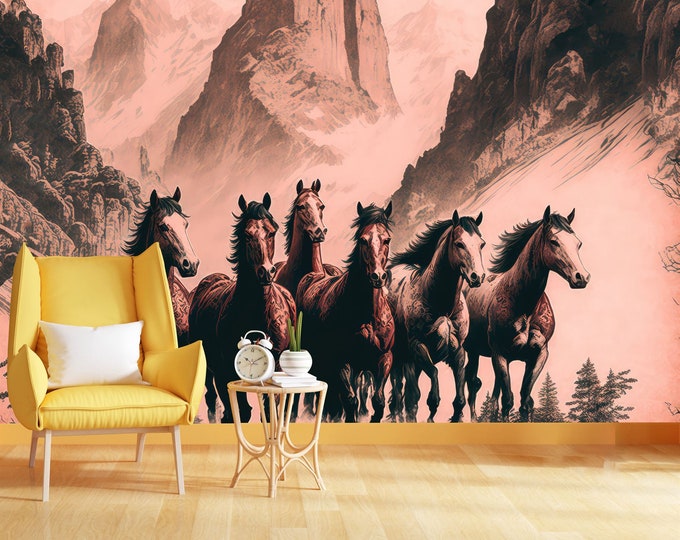 3D Horses Mountains Paintings AI Generated Gift Art Print Photomural Wallpaper Mural Easy-Install Removeable Peel and Stick Large Wall Decal