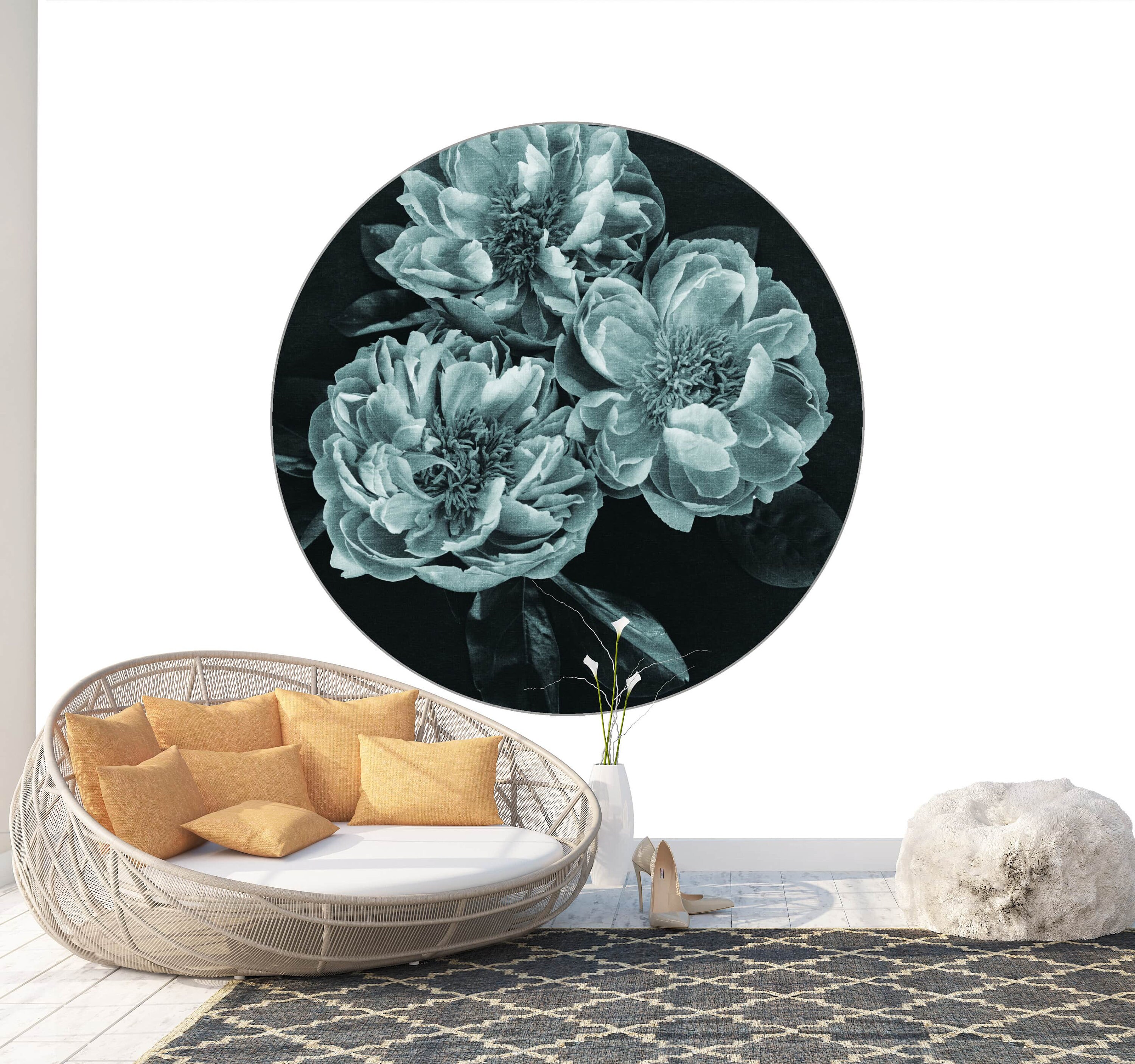 Circle Art Form Dark Blooms Black and White Photomural Wall Décor Easy-Install Removable Self-Adhesive Peel & Stick High Quality Sticker