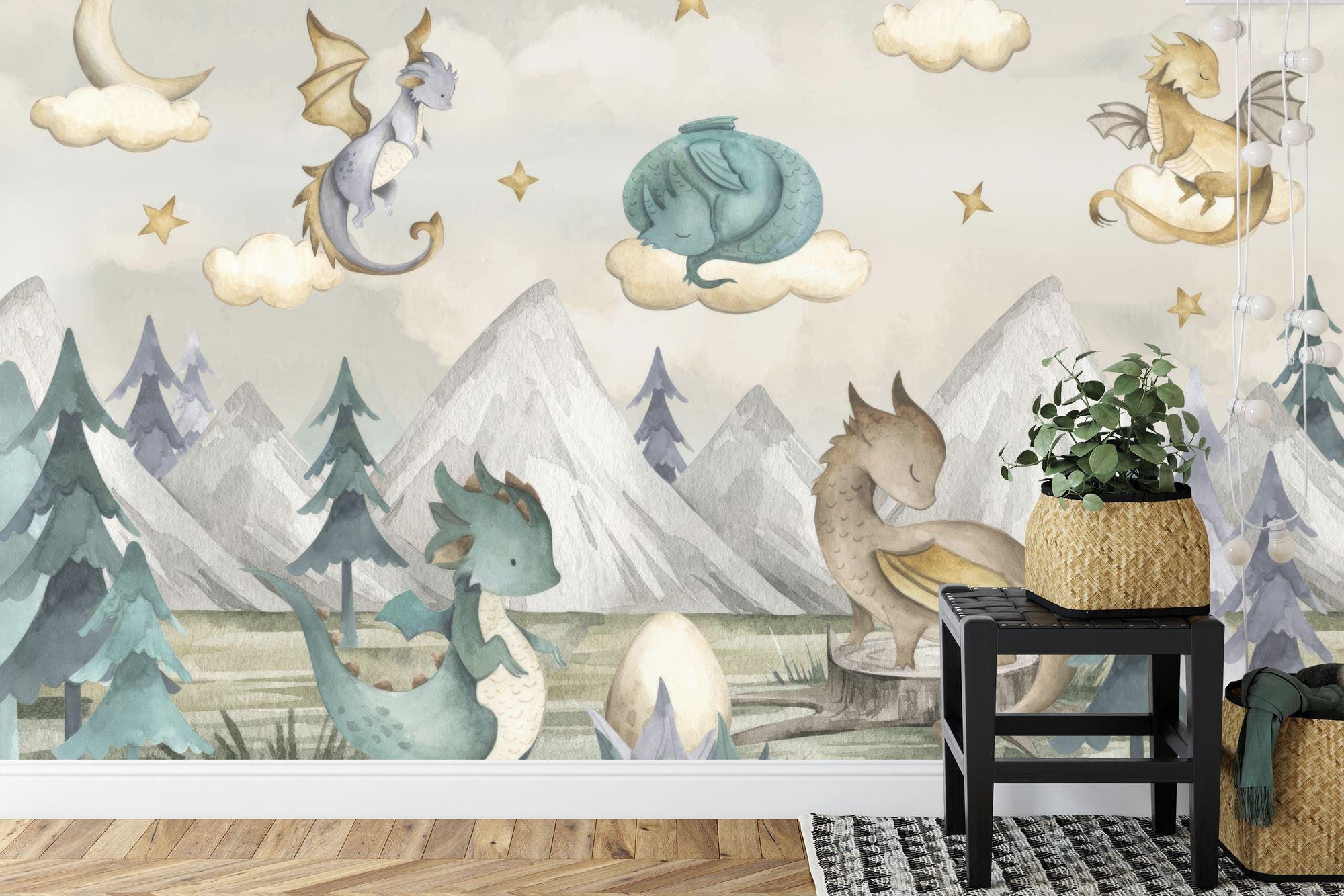 Watercolor Dragons Wallpaper Mural, Kids Nursery Decor, Peel and Stick ...