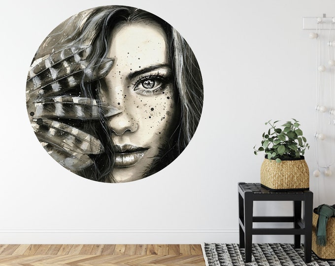 Artistic Woman Face Covered Feathers Circle Poster Photomural Wall Easy-Install Removable Self-Adhesive High-Quality Peel and Stick Sticker