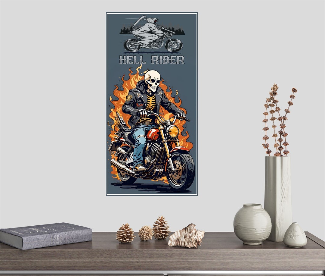 Skeleton Ride Decal Skeleton Hell Rider Wall Sticker Art Poster Mural Transfer Decal Print ...