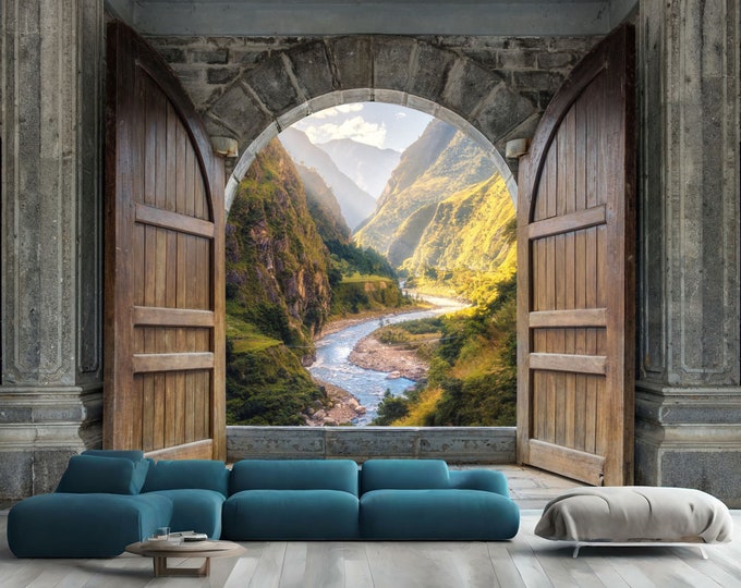 3D Wooden Castle Stream Mountains Natural View Gift Art Print Photomural Wallpaper Mural Easy-Install Removeable Peel and Stick Large Decal