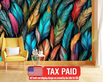 Colorful Feather Pattern Wallpaper Mural, Peel and Stick Art Print