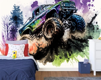 Monster Truck Watercolor Abstract Gift for Kids Art Print Photomural Wallpaper Mural Easy-Install Removeable Peel and Stick Large Wall Decal