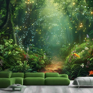Forêt magique du crépuscule enchanteur avec des lucioles, impression d'art mural photo mural autocollant amovible facile à installer
