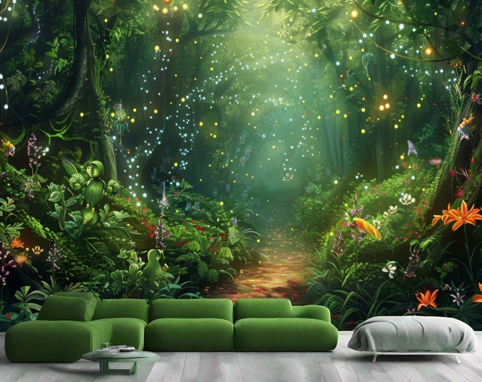Enchanting Twilight Magical Forest with Fireflies Gift, Art Print Photomural Wallpaper Mural Easy-Install Removeable Peel and Stick Decal