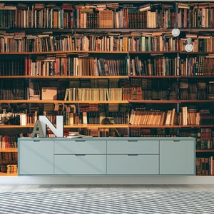 Vintage book wooden shelf library, Gift, Art Print Photomural Wallpaper Mural Easy-Install Removeable Peel and Stick Large Photo Wall Decal