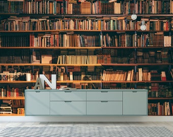 May include: A wall mural featuring a large bookshelf filled with books. The bookshelf is made of wood and has multiple shelves. The books are all different colors and sizes. There is a light blue cabinet with two drawers in front of the bookshelf.