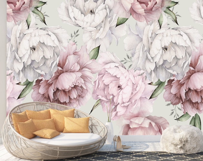 Peony Pastel Pinky Flowers Wallpaper Mural Wall Decor Art Print Photomural Easy-Install Removable Peel & Stick High Quality Washable Vlies