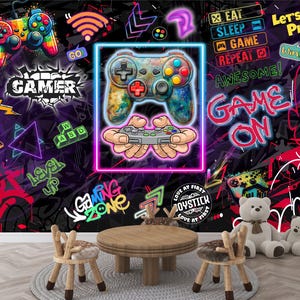 Gaming Room Game Playing Kids Room Decor Gift, Art Print Photomural Wallpaper Mural Easy-Install Removeable Peel and Stick Large Wall Decal