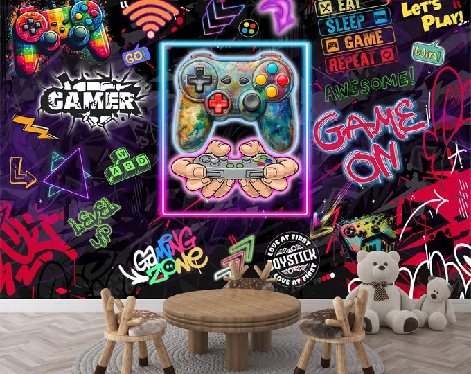Gaming Room Game Playing Kids Room Decor Gift, Art Print Photomural Wallpaper Mural Easy-Install Removeable Peel and Stick Large Wall Decal
