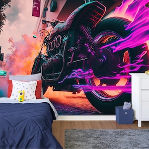 Motorcycle Abstraction Gift for Kids, Teenage Room Home Decor Colorful Easy-Install Wall Mural Wallpaper Peel and Stick Modern Art Washable