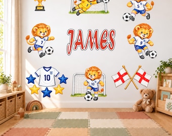 Juego de pegatinas personalizadas de fútbol con diseño de león, calcomanías personalizadas con el nombre del jugador para la habitación de los niños.