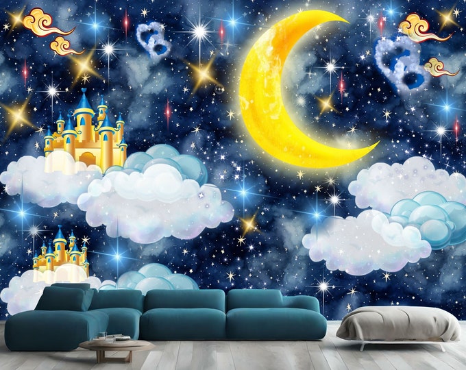 Creative illustration of a Golden Crescent Moon in clouds Generative AI Easy-Install Wall Mural Wallpaper Peel and Stick Modern Art Washable