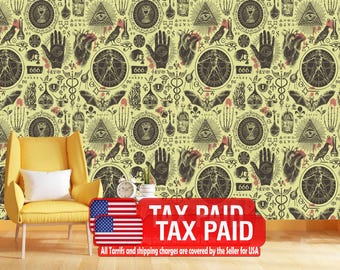 Esoteric Alchemy Wallpaper Mural: Vintage Witchcraft, Gothic Art (Peel and Stick)