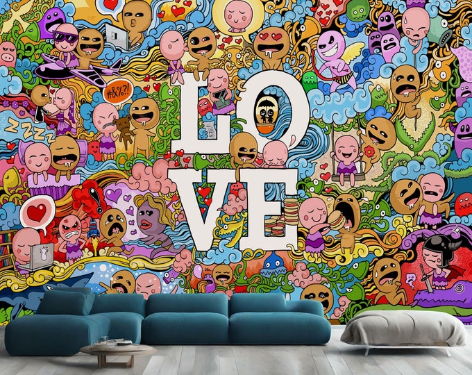 Modern Multicolored Doodle Mural Gift for Kids Room Home Decor Easy-Install Wall Mural Wallpaper Peel and Stick Modern Art Washable Mural