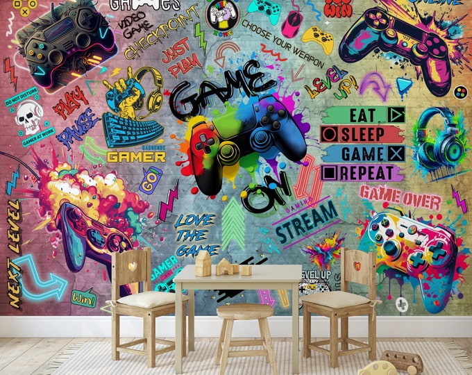 Gaming Room Game Playing Kids Room Decor Gift, Art Print Photomural Wallpaper Mural Easy-Install Removeable Peel and Stick Large Wall Decal