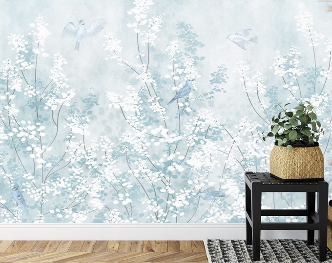 Soft Blue Chinoiserie Birds with Blossom Gift, Art Print Photomural Wallpaper Mural Easy-Install Removeable Peel and Stick Large Wall Decal