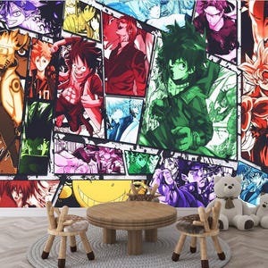 Vintage Anime Manga Collage Einzigartige Handzeichnung Coole Wandbild Comics Waschbar Abnehmbare oder Peel & Stick Tapete Kinder Gaming Spielzimmer