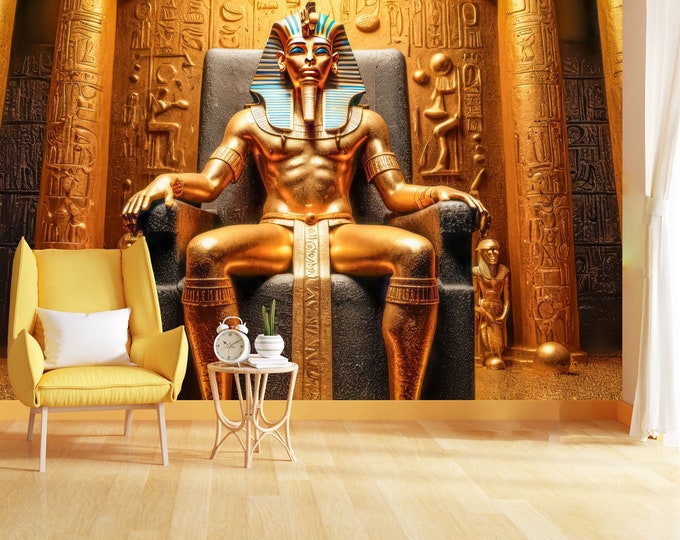 Egyptian Pharaoh Tutankhamun on a Golden Throne Gift, Art Print Photomural Wallpaper Mural Easy-Install Removeable Peel and Stick Wall Decal