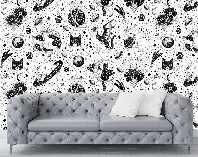 Black and White Gothic Astrology Pattern Gift, Art Print Photomural Wallpaper Mural Easy-Install Removeable Peel and Stick Large Wall Decal