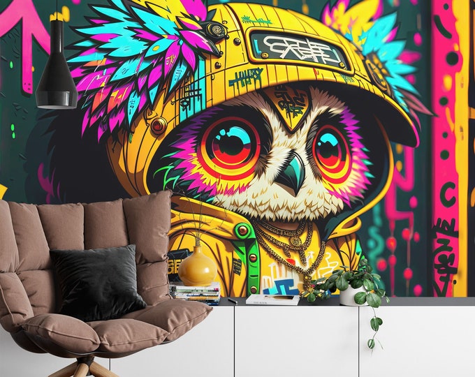 Colorful Owl Graffiti Style Street Art View Forest Gift Print Photomural Wallpaper Mural Easy-Install Removeable Peel and Stick Large Photo