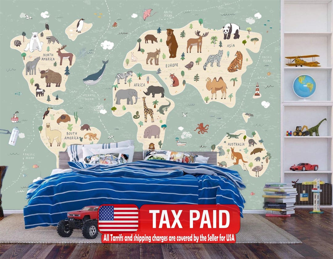 Kids World Map Mural | Animals & Wonders, Peel and Stick Wallpaper - Etsy