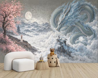 Blue Dragon Cherry Blossom Art Wallpaper Mural, Peel and Stick