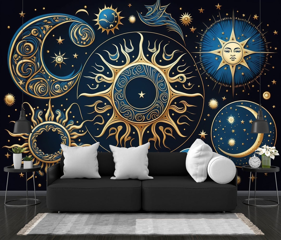 Golden Stars Moon Planets Mystical Tarot Cards, Fantasy Magic Space AI