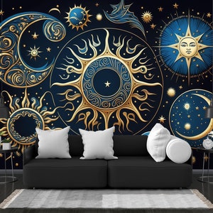 Golden stars moon planets mystical tarot cards, fantasy magic space AI Easy-Install Wall Mural Wallpaper Peel and Stick Modern Art Washable