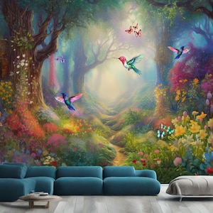 Enchanted Magical Forest Trees Girls Room Wall Decor Gift, Art Print Photomural Wallpaper Mural Easy-Install Removeable Peel and Stick Decal