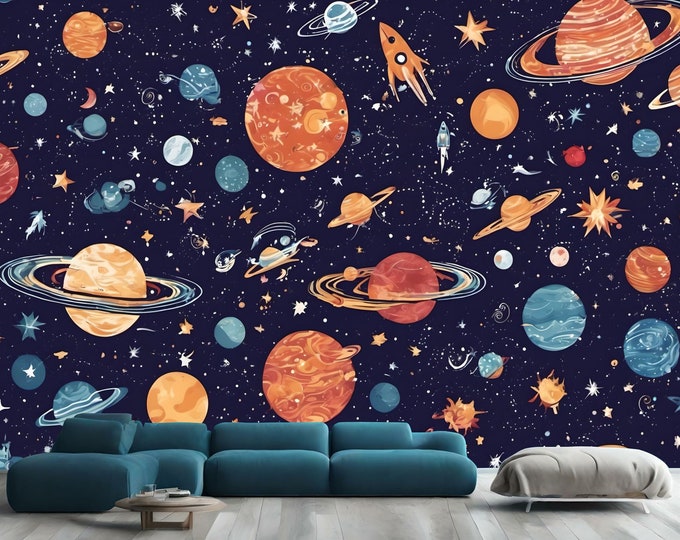 Space Pattern Kids Gift Room Decor Stars Planets, Art Print Photomural Wallpaper Mural Easy-Install Removeable Peel and Stick Wall Decal