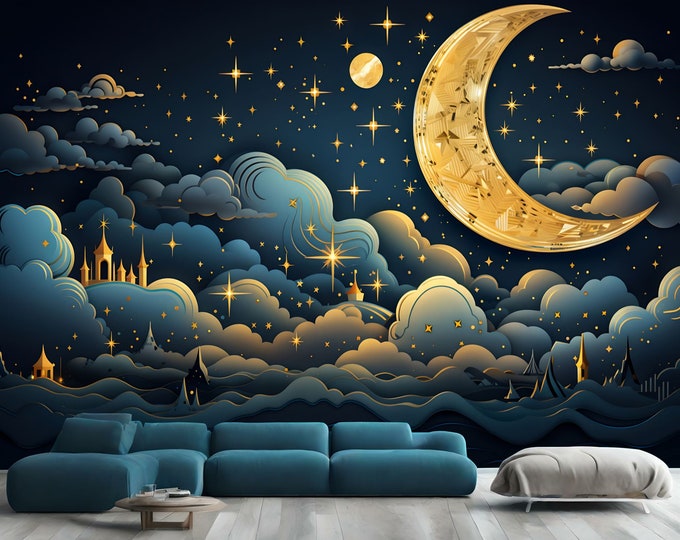 Creative illustration of a Golden Crescent Moon in clouds Generative AI Easy-Install Wall Mural Wallpaper Peel and Stick Modern Art Washable