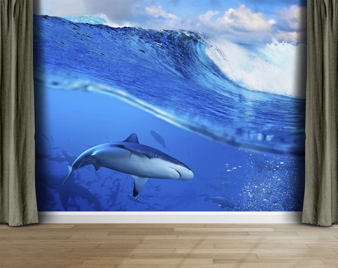 Sharks Bay and Ocean Waves Clear Sky Gift, Art Print Photomural Wallpaper Mural Easy-Install Removeable Peel and Stick Large Wall Decal Art