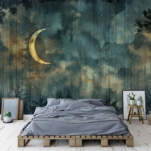 Forêt enchantée la nuit, ciel étoilé, croissant de lune, impression d'art, papier peint photo mural, sticker amovible amovible facile à installer