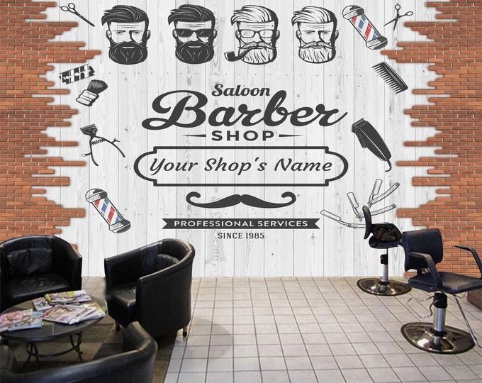 Personalized Custom Made Barbershop Salon Wallpaper Shop Name add your Text Collage Easy-Install Wall Mural Wallpaper Peel and Stick Modern
