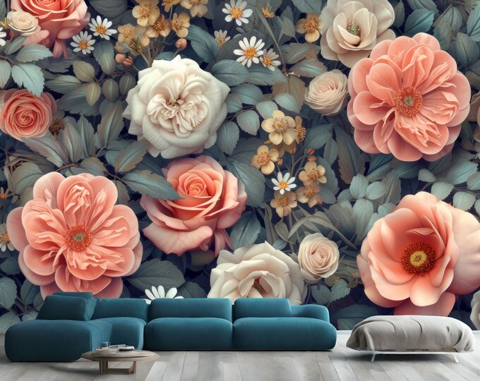 Vintage Flowers Roses Peonies Pastel Colors Gift, Art Print Photomural Wallpaper Mural Easy-Install Removeable Peel and Stick Large Decal