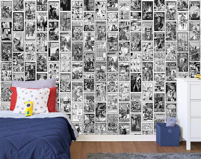 Vintage Comics Collage Black and White Wall Mural Comics Pages Washable, Removable or Peel & Stick Wallpaper, Superhero Gaming Playing Room