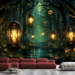 Lanternes luciole mystiques à la forêt enchantée cadeau, impression d'art photo murale papier peint mural autocollant amovible facile à installer