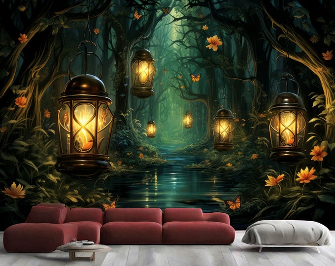 Mystical Firefly Lanterns to Enchanted Forest Gift, Art Print Photomural Wallpaper Mural Easy-Install Removeable Peel and Stick Wall Decal