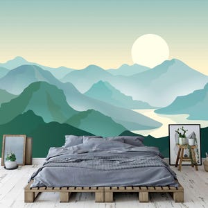 Green Mountain Landscape Beautiful River Wall Floral Gift, Art Print Photomural Wallpaper Mural Easy-Install Removeable Peel and Stick Decal