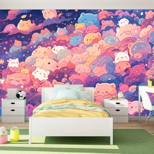 Kawaii doodle monsters, city, cat, robot Kids Room Decor, Generative AI Easy-Install Wall Mural Wallpaper Peel and Stick Modern Art Washable